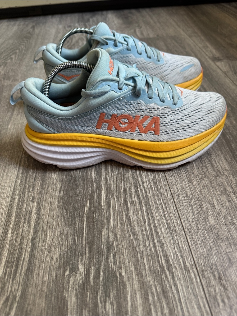 Hoka Bondi 8 Women's Pale Blue & Yellow Cushioned Running Shoes with Coral Logo